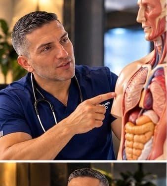 Dr. Leonardo Vergara señalando un modelo anatómico del cuerpo humano.