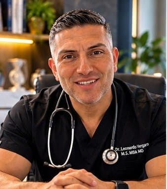 Dr. Leonardo Vergara sonriendo, con uniforme médico negro y las manos apoyadas frente a él.