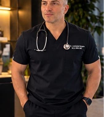 Dr. Leonardo Vergara de pie, con uniforme médico negro y estetoscopio.